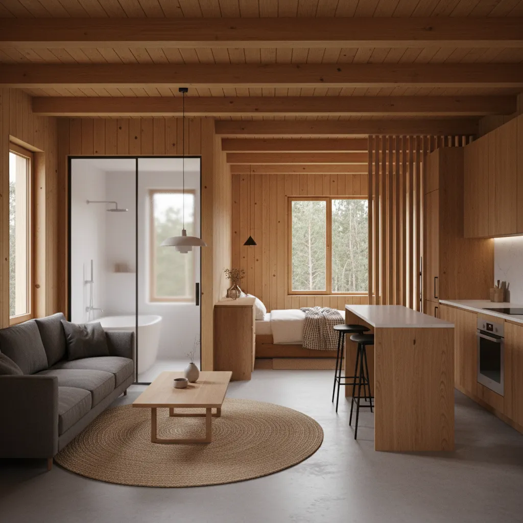 Visualisasi 3D rumah kayu kecil
