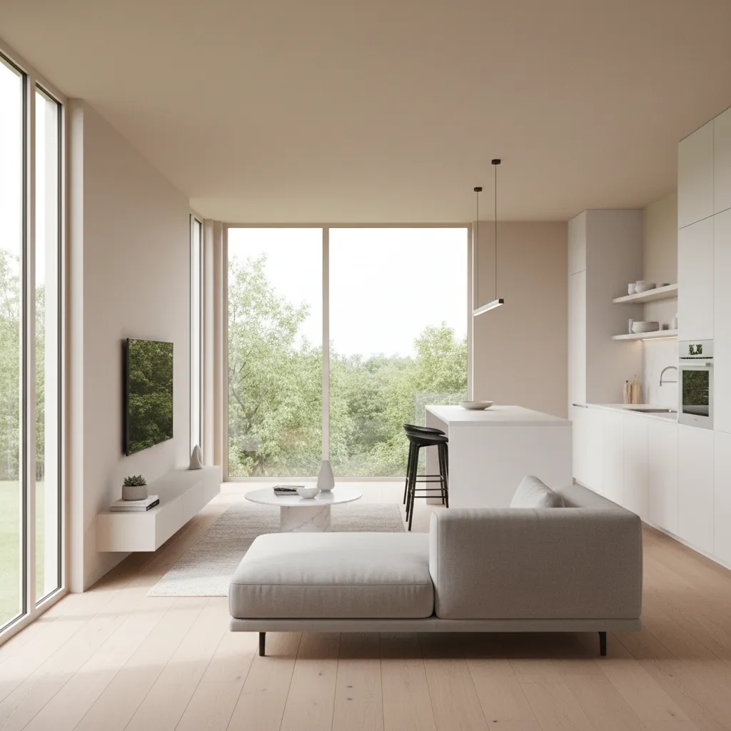Modern open plan interior design drawing showing grey sofa white kitchen island and large bright windows