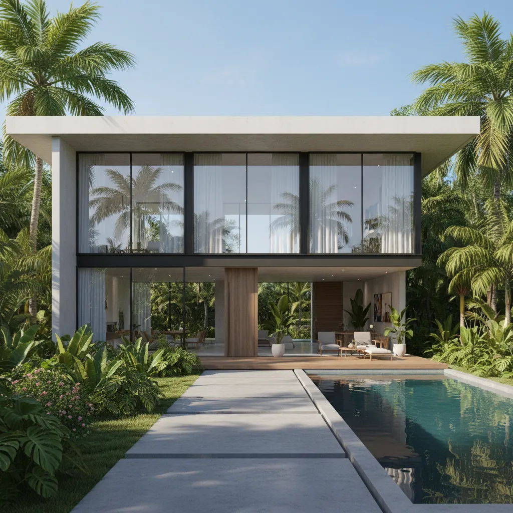Render 3D rumah modern dengan pencahayaan natural