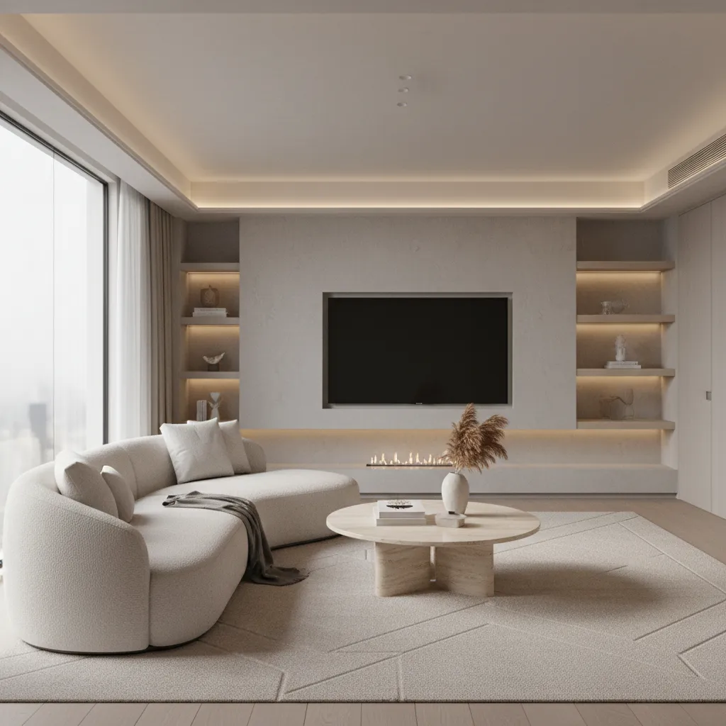 Modern beige living room featuring curved sofa stone coffee table television wall and warm fireplace