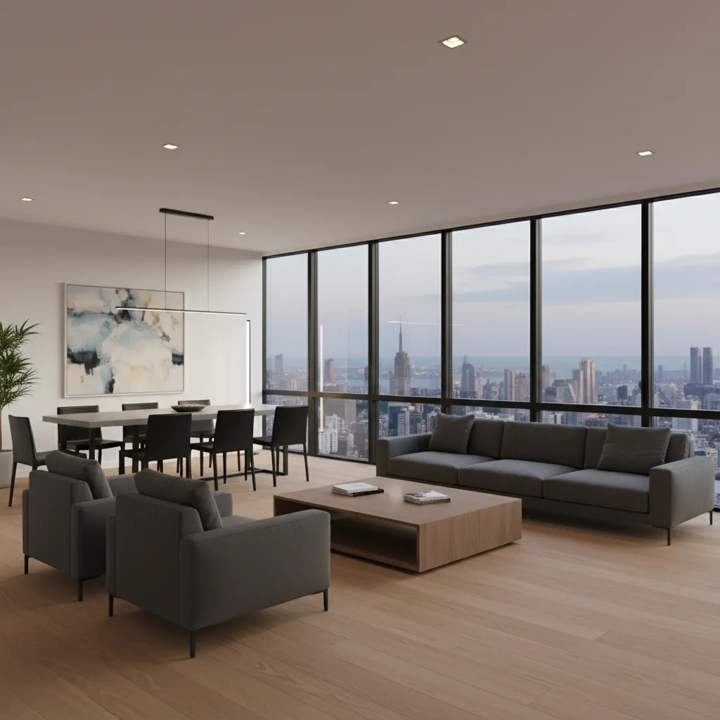 Modern living room with grey sofa, wooden coffee table, dining table, and large city windows