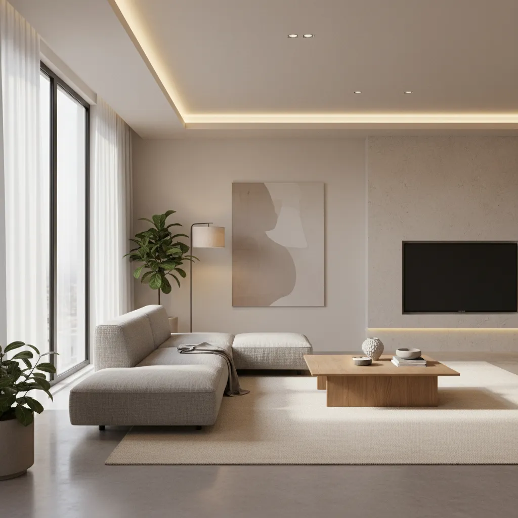 Warm living room with beige sofa wooden coffee table wall mounted television and large glass windows