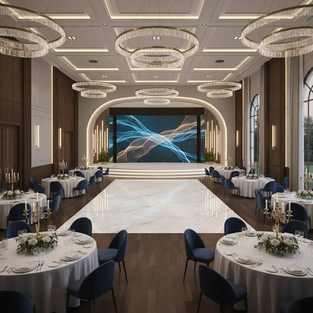 Luxury event hall with round tables blue chairs white tablecloths ceiling lights and stage screen