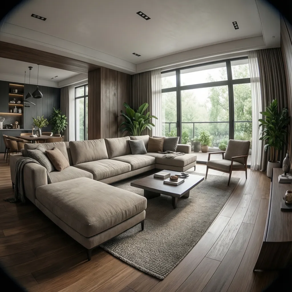 Render 3D realista de un salón moderno generado por software de diseño interior