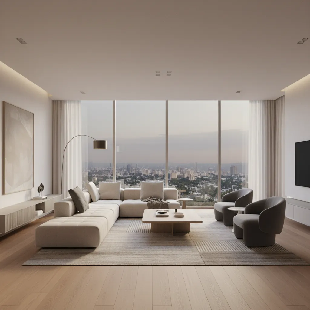 Render 3D realista de un salón moderno diseñado digitalmente