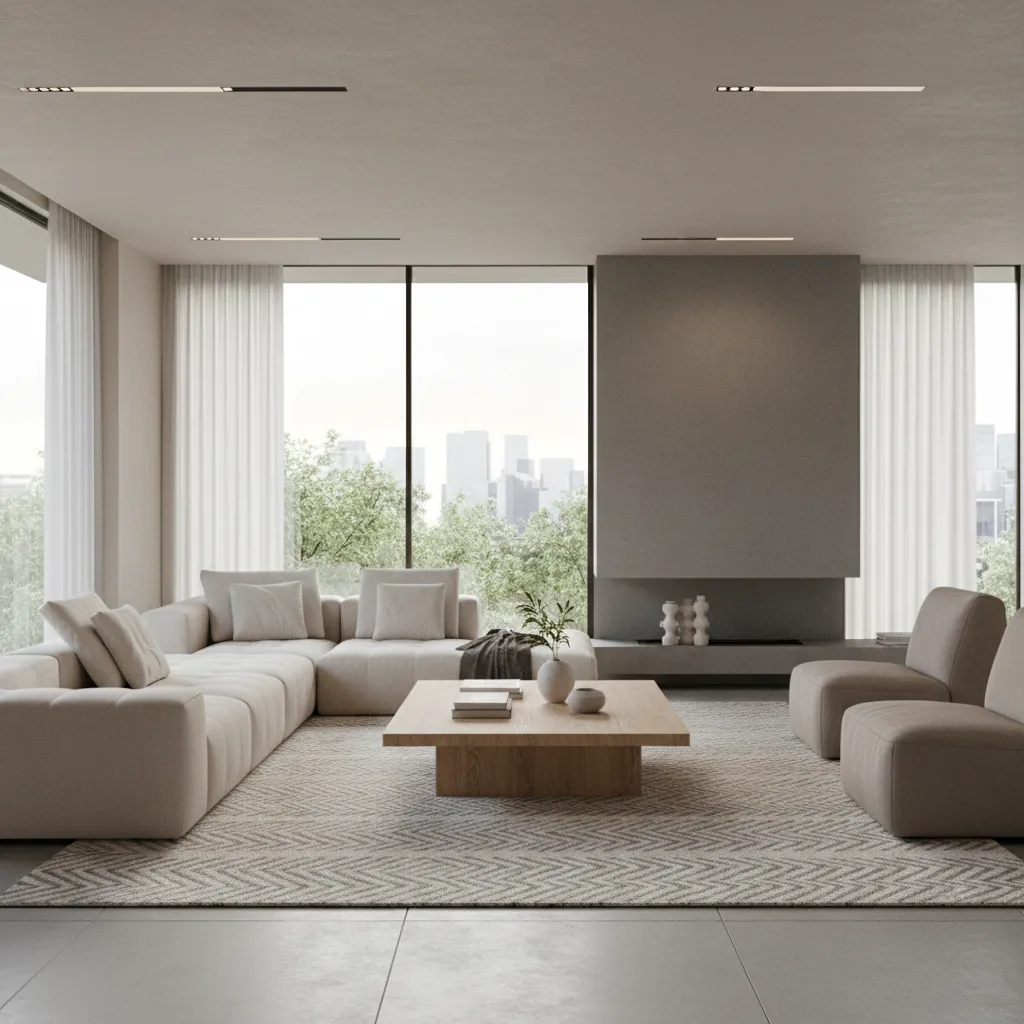 Render 3D de un salón moderno con diseño contemporáneo