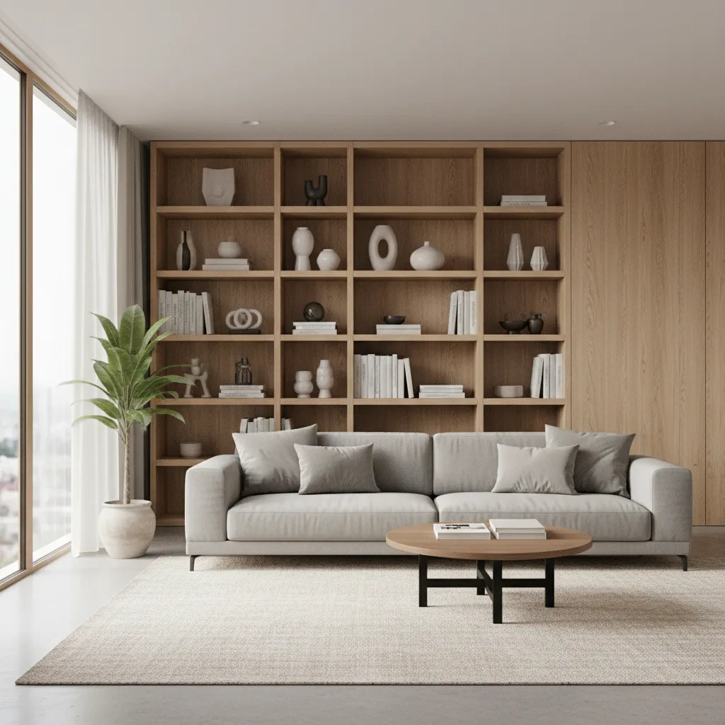 Render 3D realista de un salón moderno con sofá y estantería minimalista