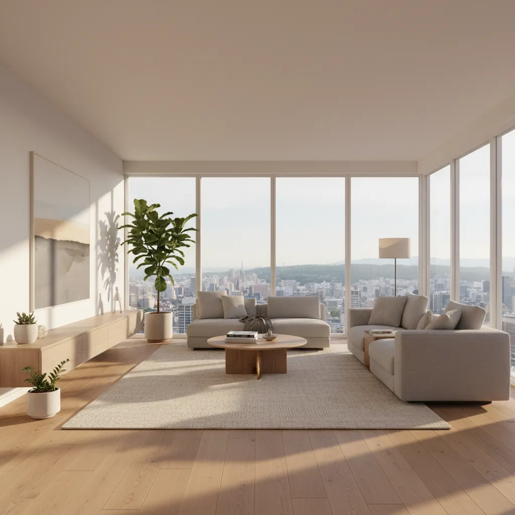 Modern living room with grey sofa wooden floor large windows showing city view and sunlight