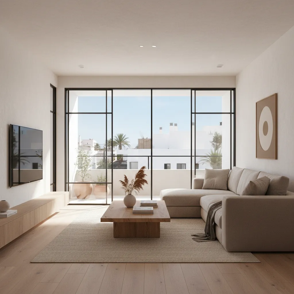 Render 3D de un salón moderno con sofá claro, mesa de madera y iluminación natural