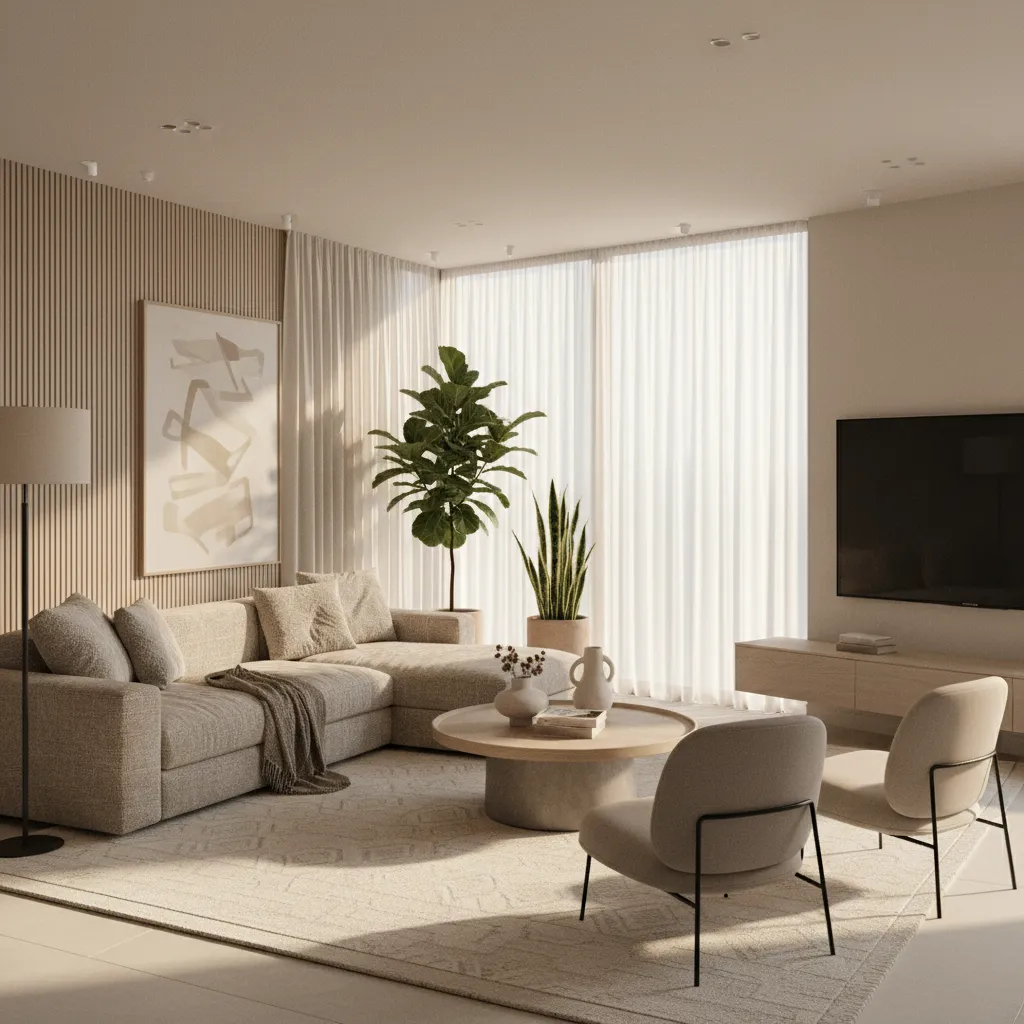 Render 3D realista de un salón moderno diseñado digitalmente