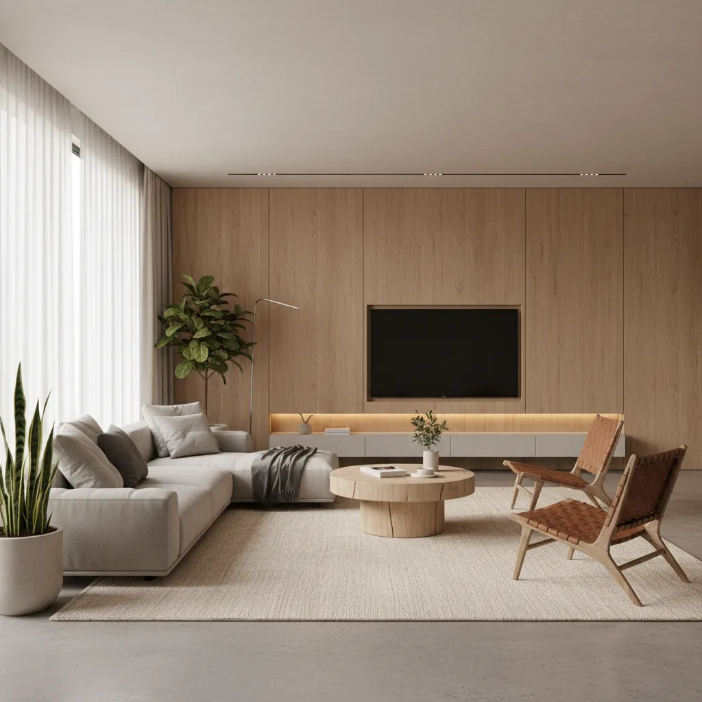 Render 3D realista de un salón moderno con muebles contemporáneos