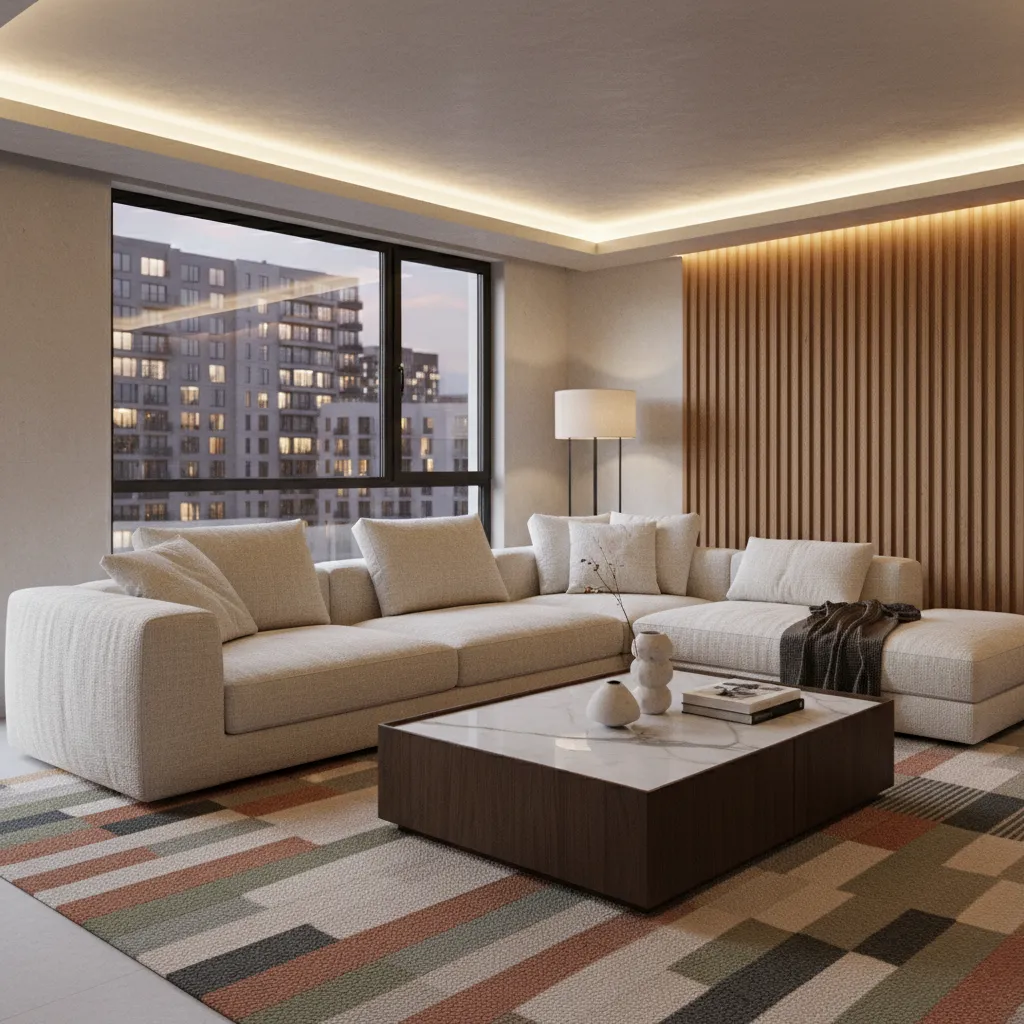 Render 3D realista de un salón moderno antes de comprar muebles