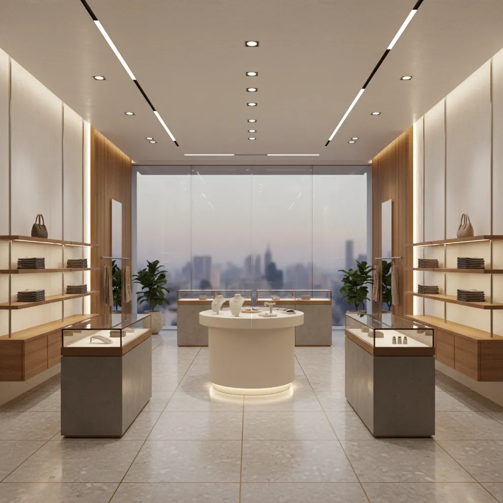 Render 3D de diseño interior de tienda con mobiliario comercial