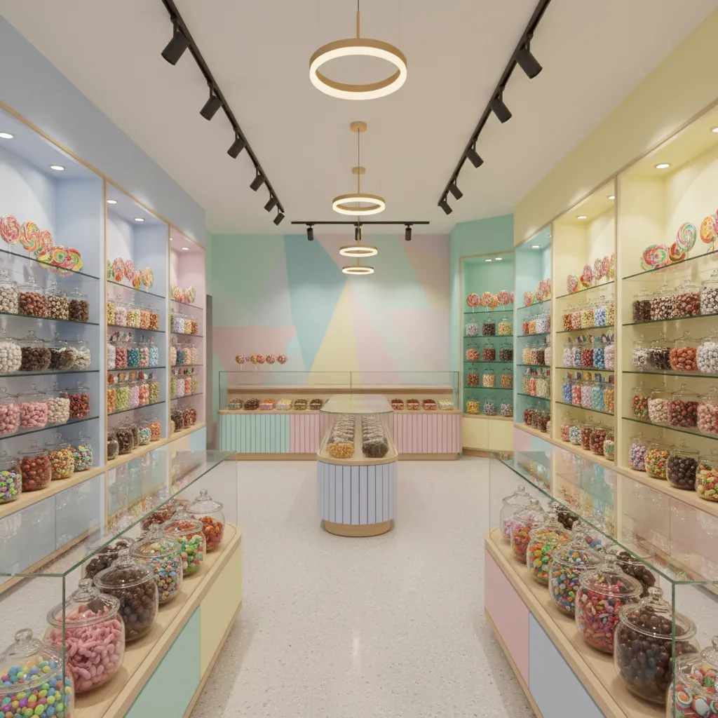 Render 3D del interior de una tienda de chuches