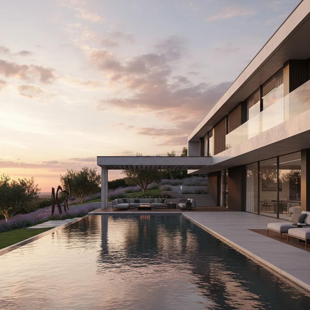 Render 3D realista de una vivienda moderna con jardín y piscina