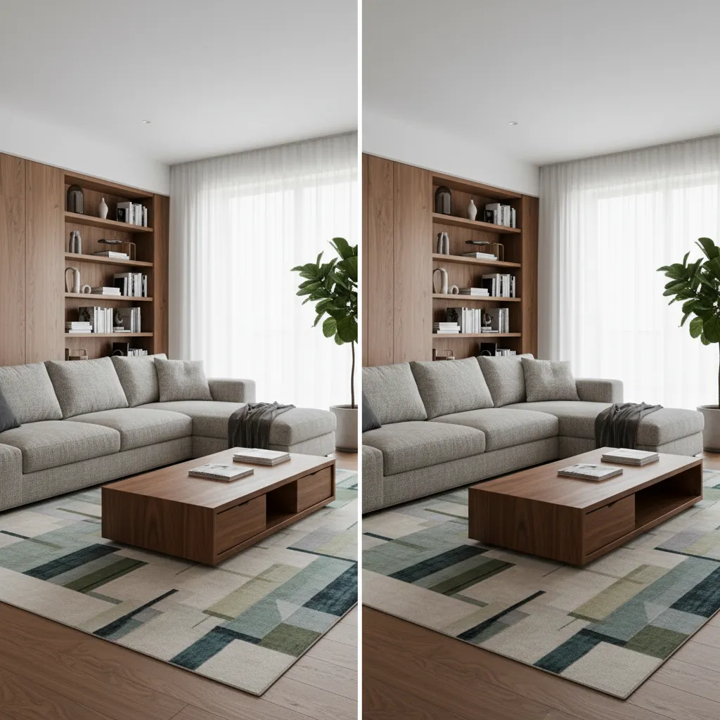 Comparación entre render 3D y fotografía real de un diseño de interiores