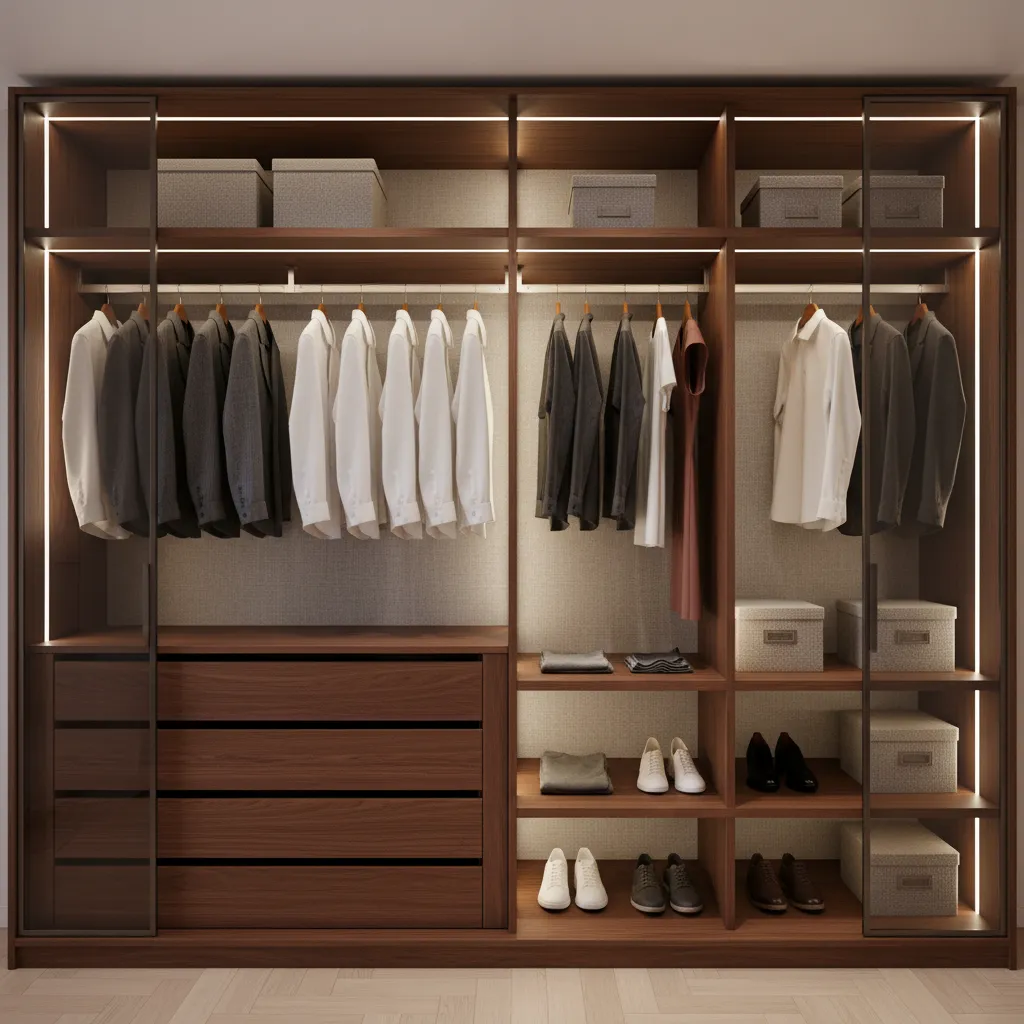 Dark wood wardrobe with glass doors hanging shirts drawers shoes and built in light fixture