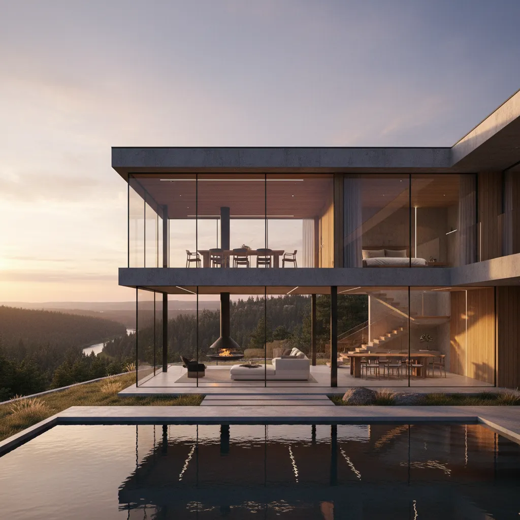 Modern glass house with swimming pool overlooking a forest valley during a clear orange sunset