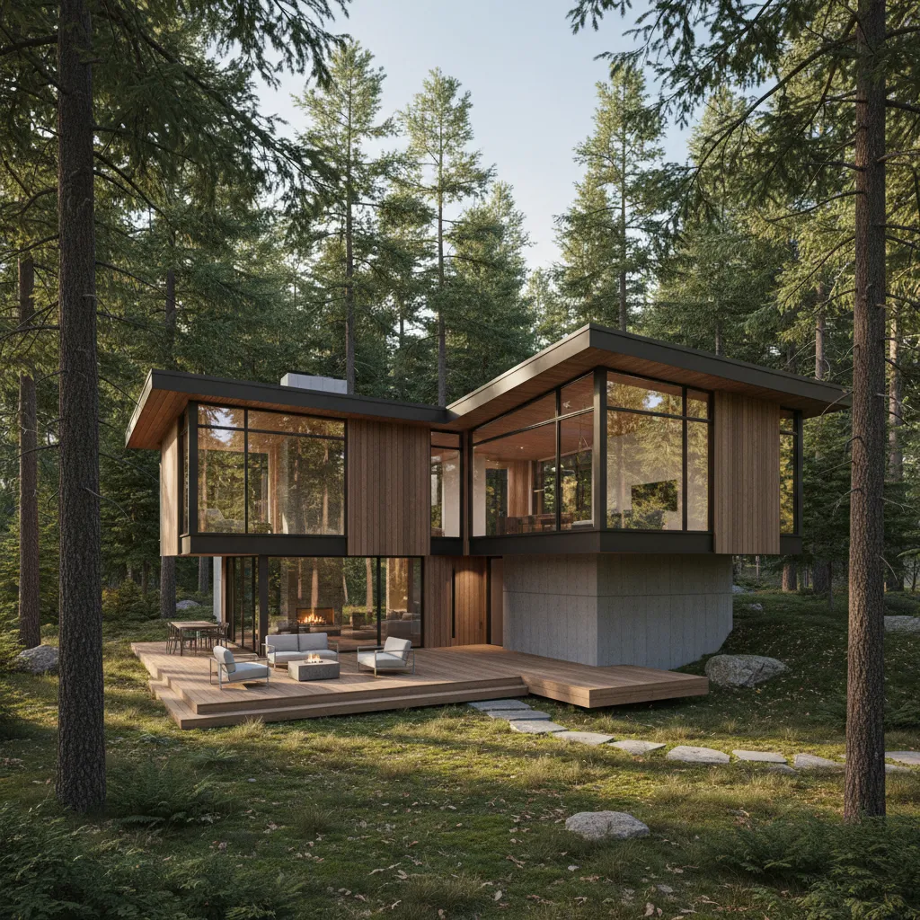 Interior design drawing of wood glass house in forest with outdoor deck and large windows