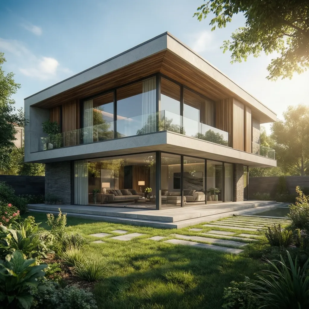 Modern house exterior with glass walls wood panels concrete roof and green garden grass lawn