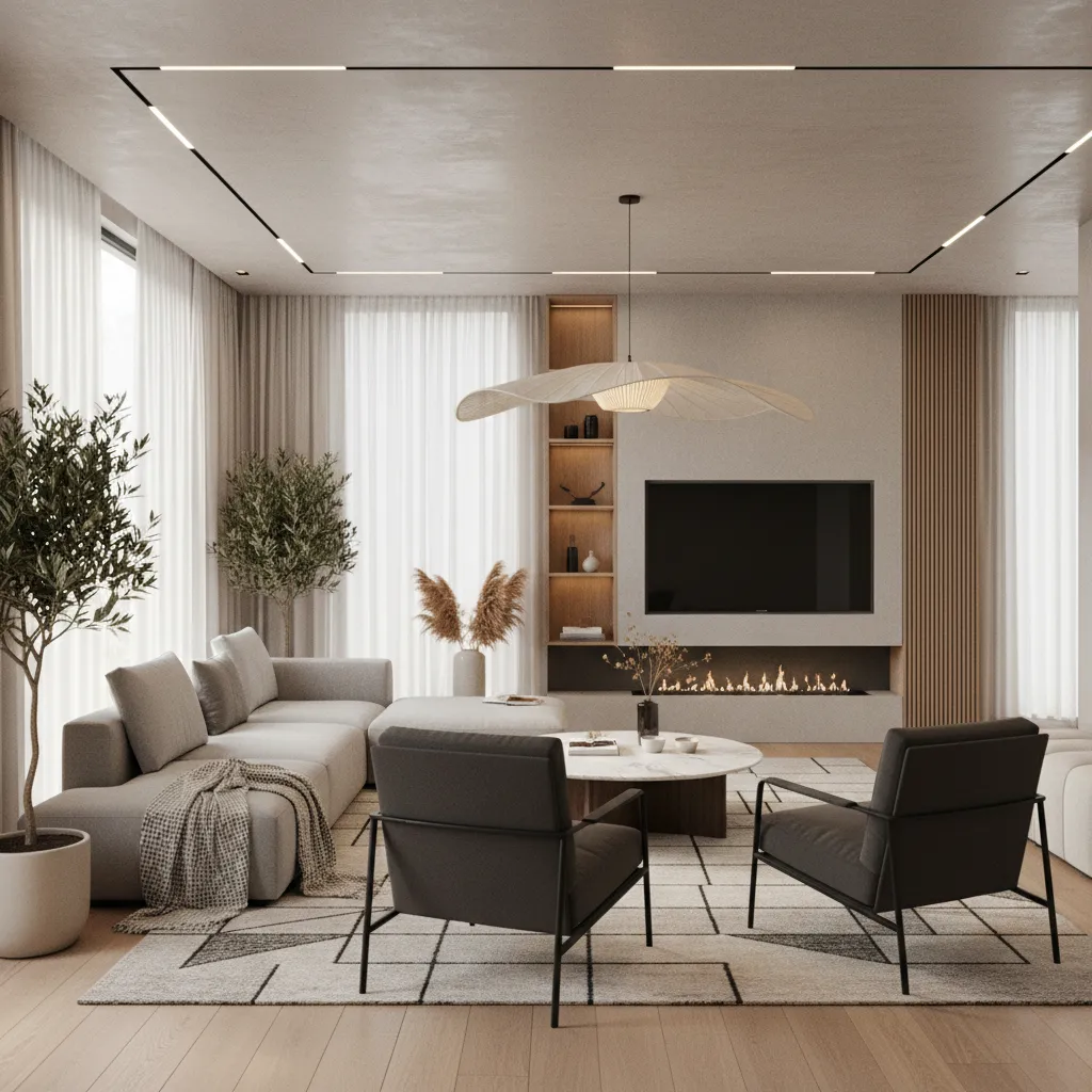 Render 3D realista de un salón moderno utilizado en presentación de proyecto