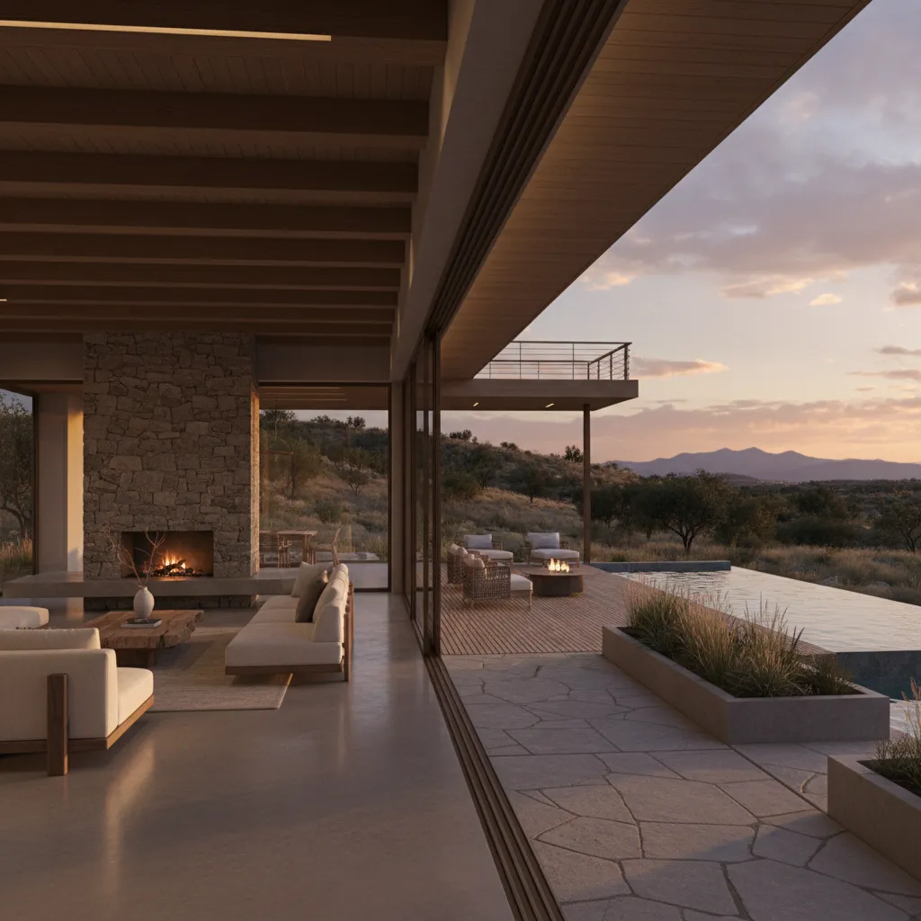 Luxury living room with stone fireplace white sofas outdoor pool deck sunset and scenic mountain