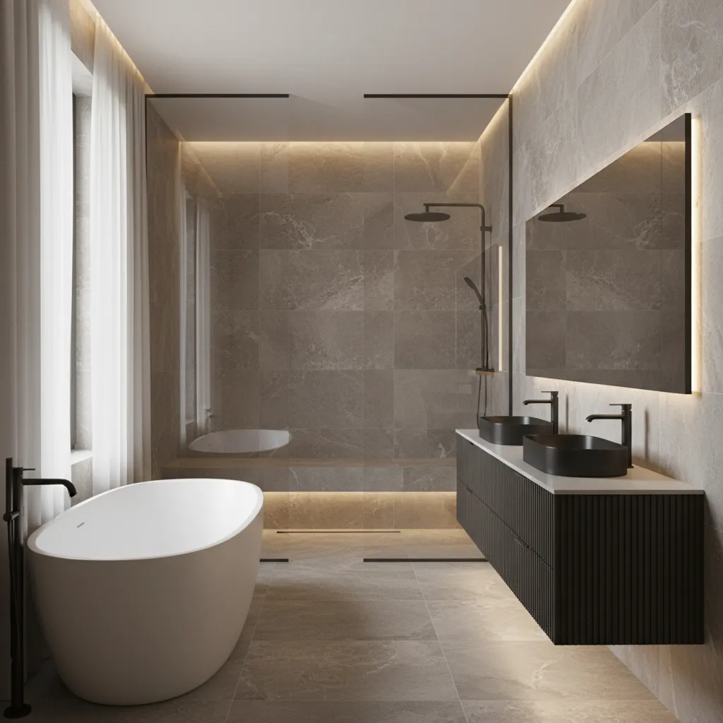 render realista de diseño de baño moderno generado en software 3D