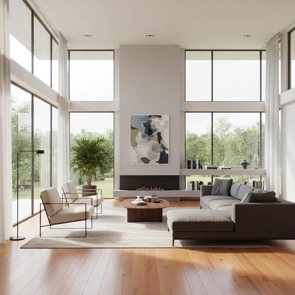 Modern high ceiling living room with large windows grey sofa wooden floor and white fireplace