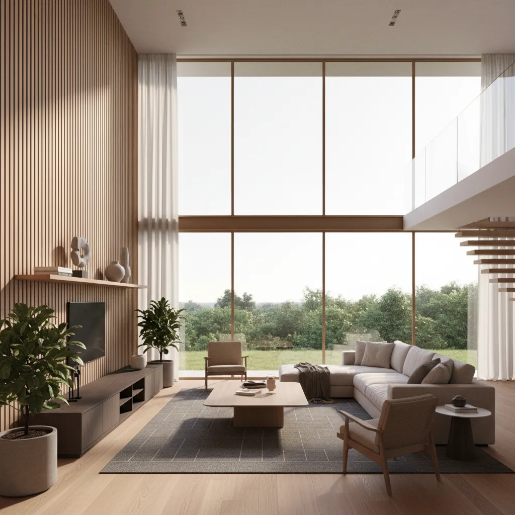 Modern living room with wood wall panel large windows green trees sofa and coffee table