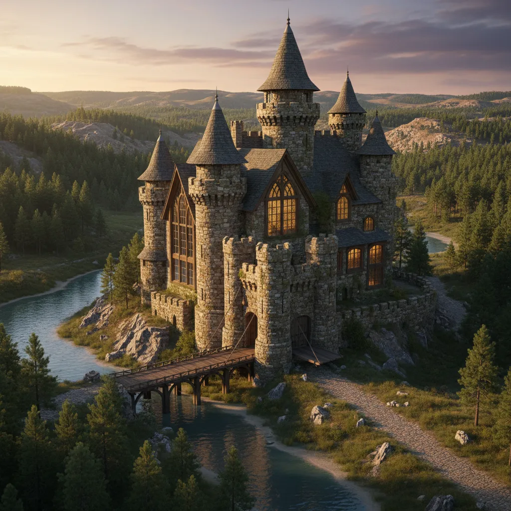 Render arquitectónico de una casa estilo castillo en 3D