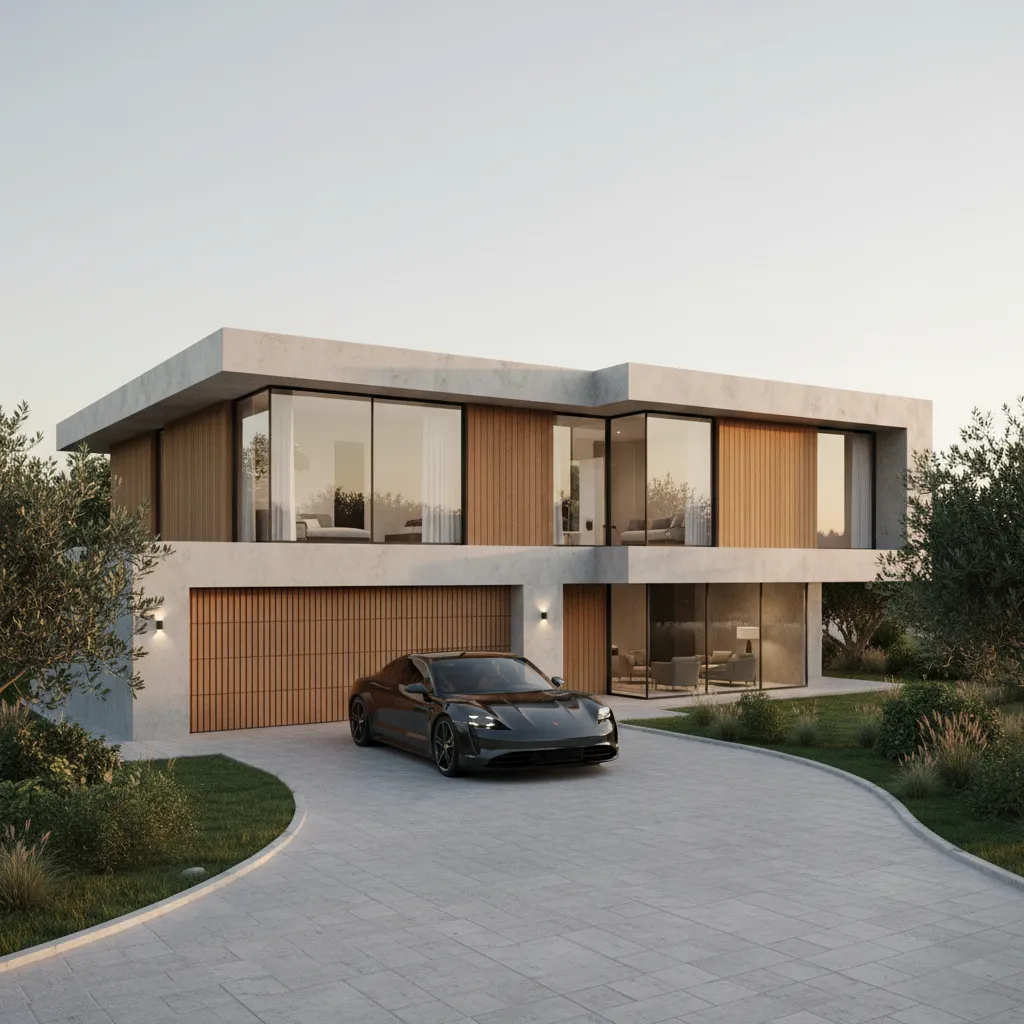 Render arquitectónico de casa con garaje integrado