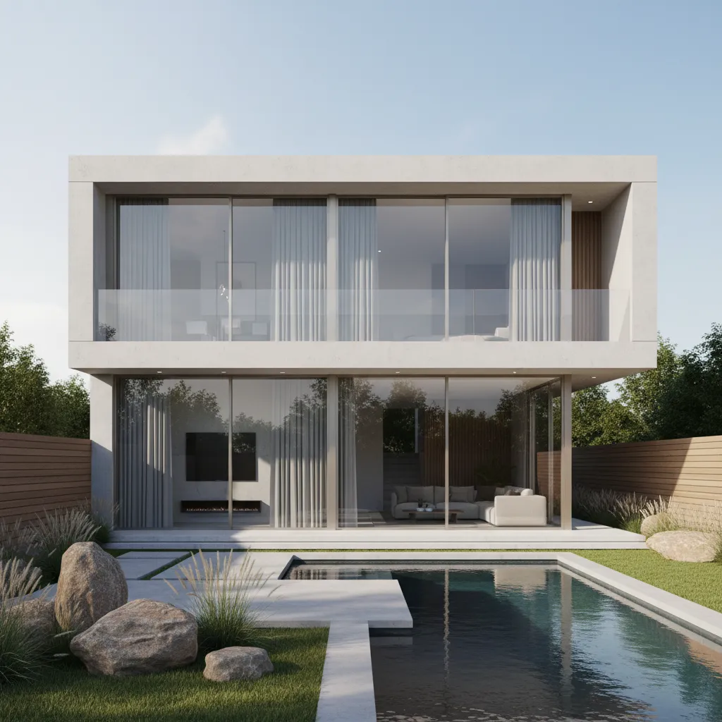 Render arquitectónico de casa moderna de dos niveles