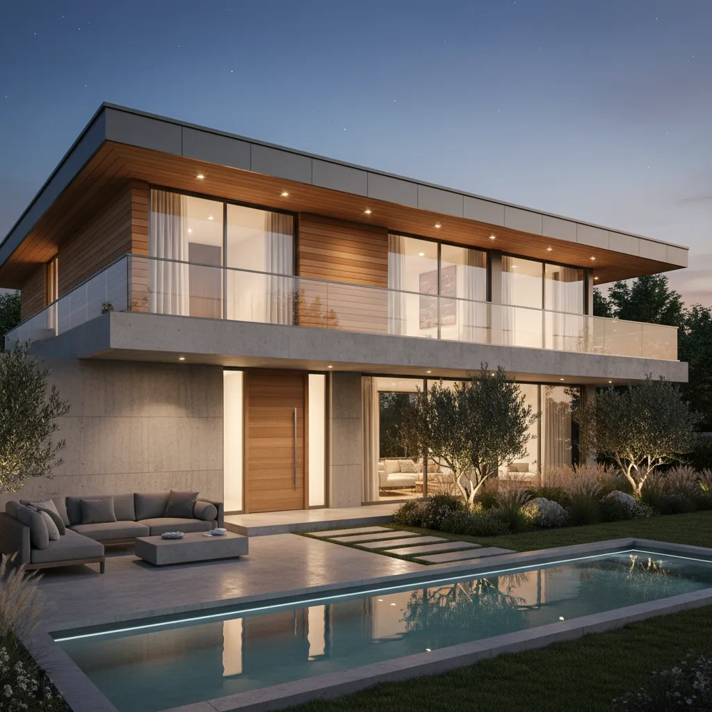 Render arquitectónico de casa de dos plantas con terraza