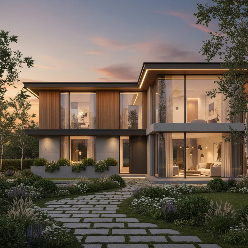 render realista de casa moderna con jardín y acceso