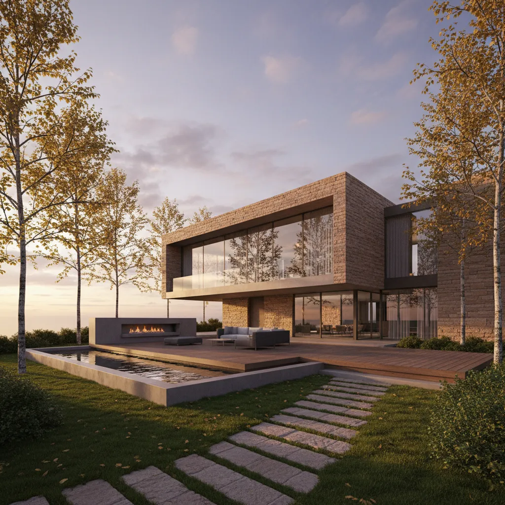 Modern large stone house with a pool, wooden deck, outdoor fireplace, and trees at sunset