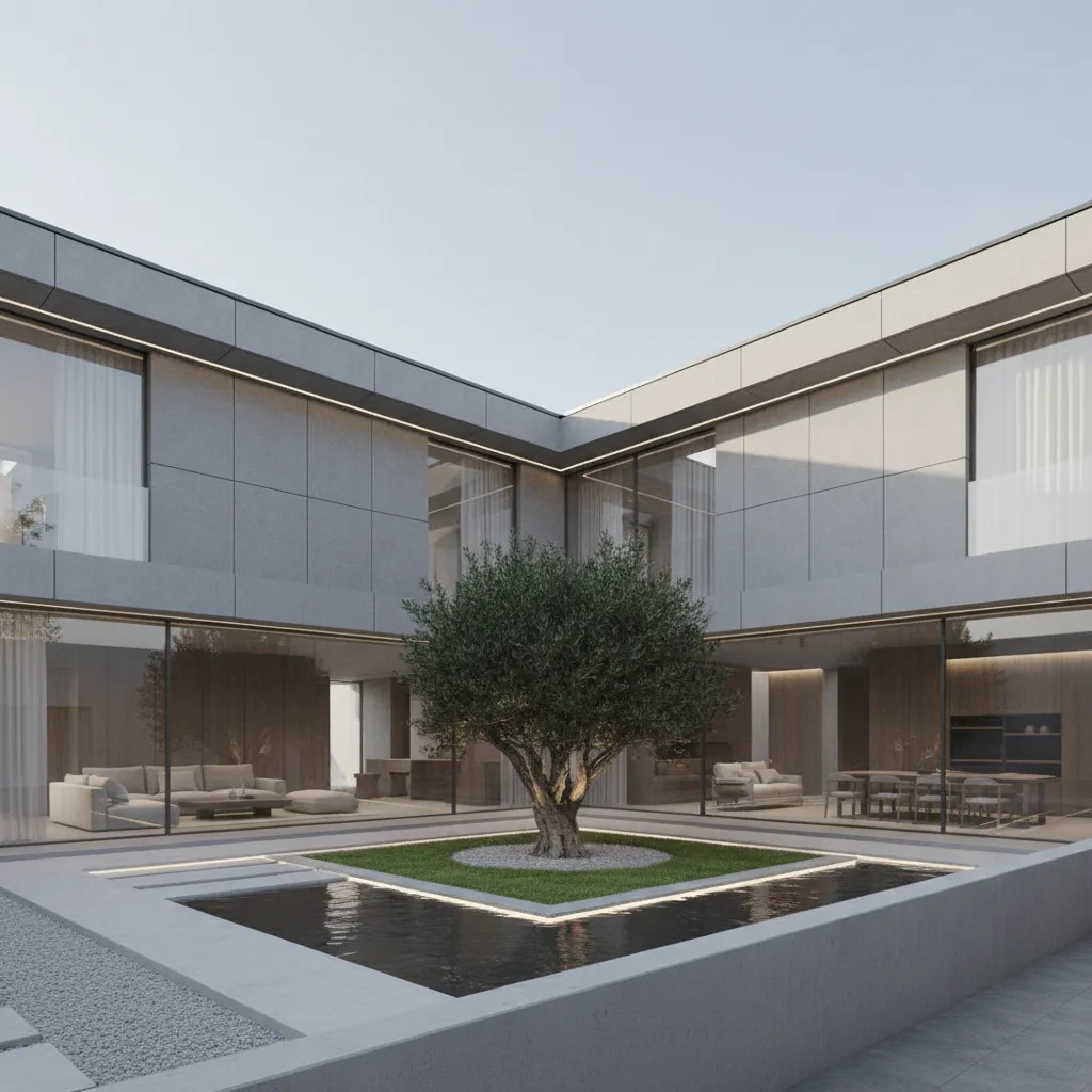 Render 3D de una vivienda contemporánea en forma de L