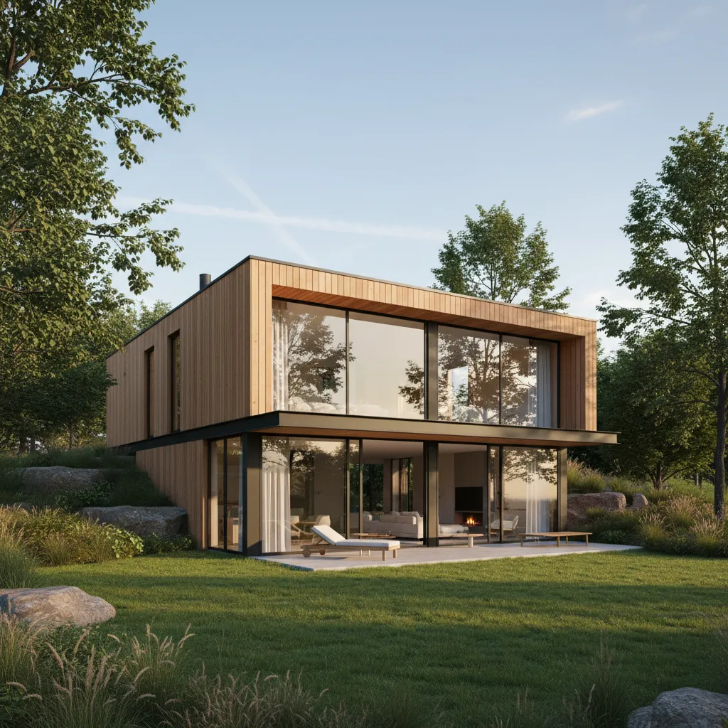 Render 3D realista de una casa de madera de dos plantas