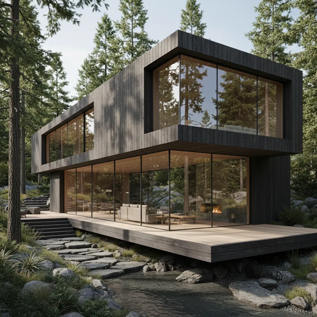 Render arquitectónico de una casa moderna de madera y cristal