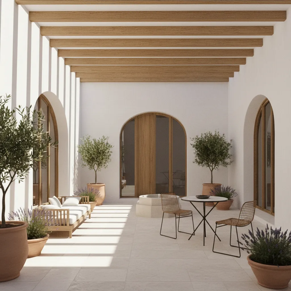 Render arquitectónico de casa urbana manchega con patio