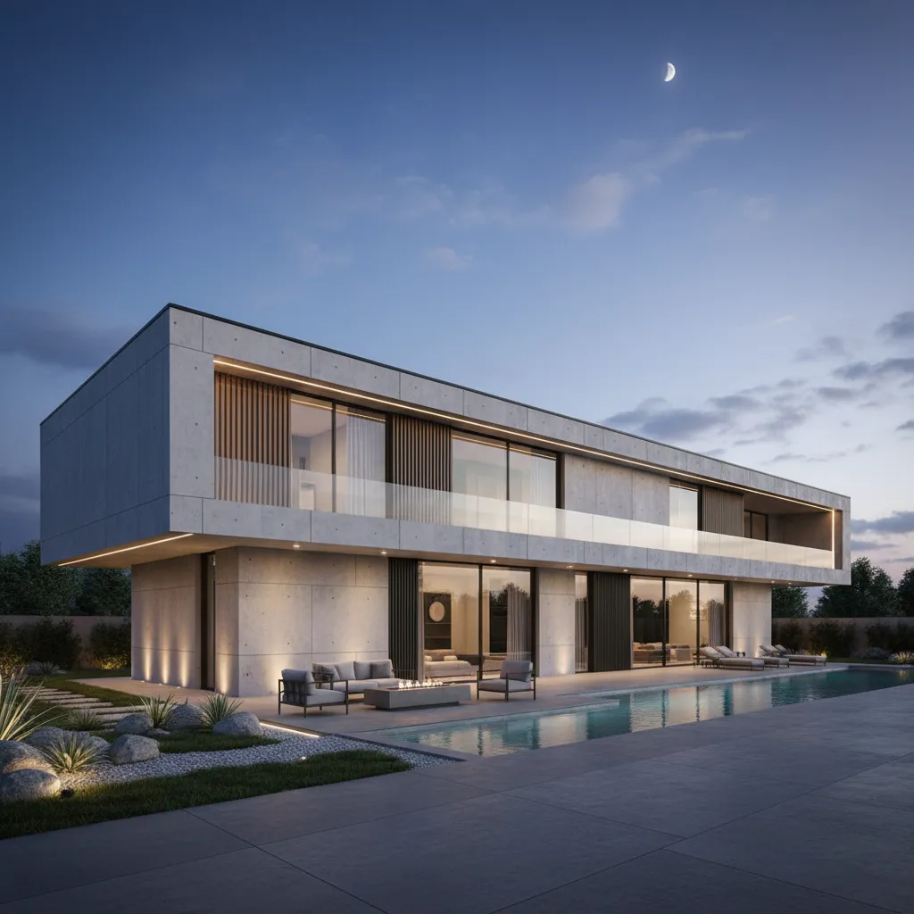 Render arquitectónico de una casa moderna en terreno rectangular