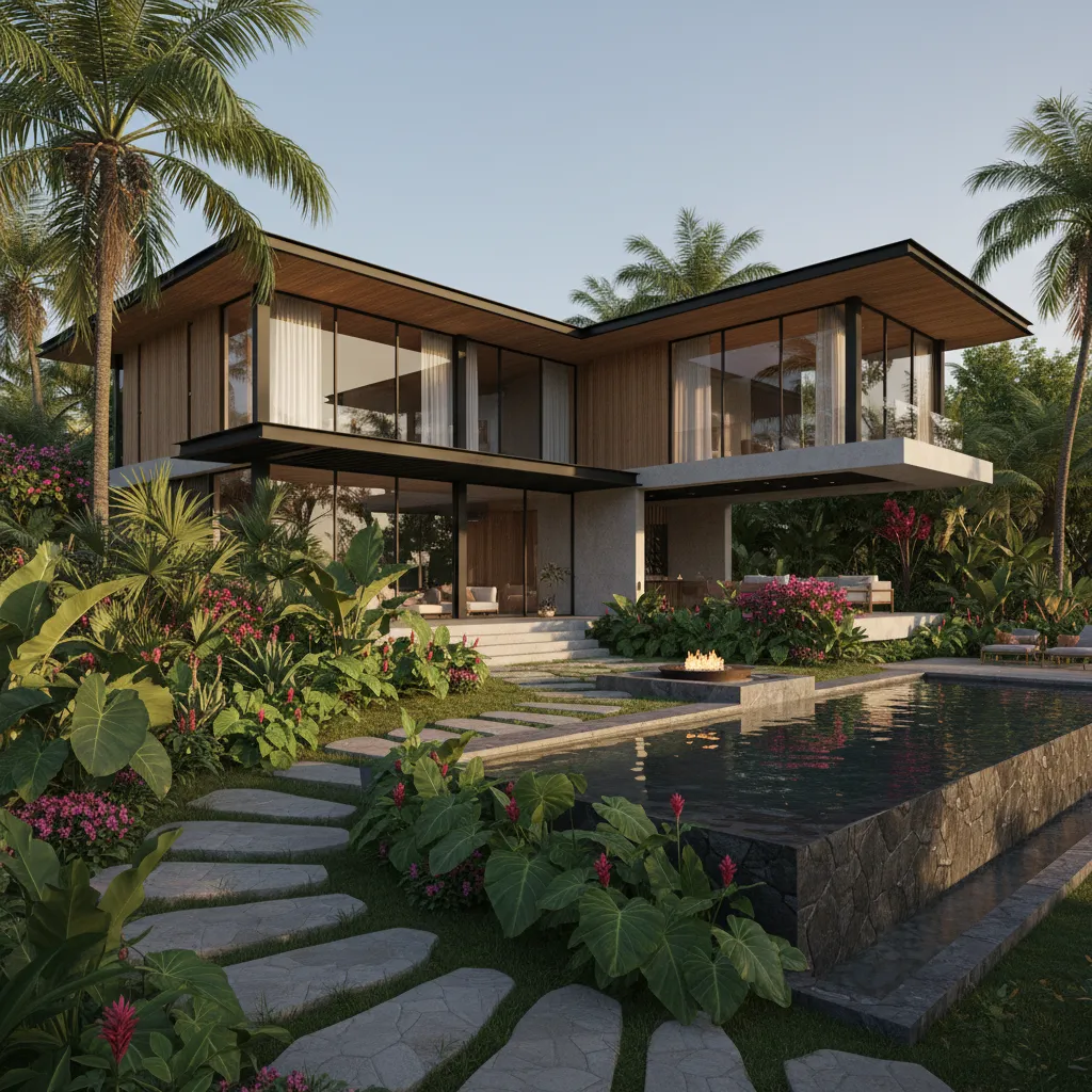 Render 3D realista de casa moderna con jardín