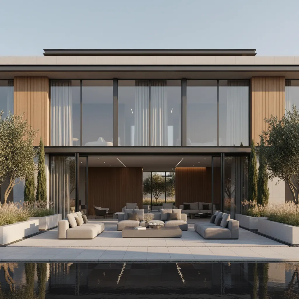Render realista de una casa moderna con grandes puertas de cristal abiertas hacia el patio