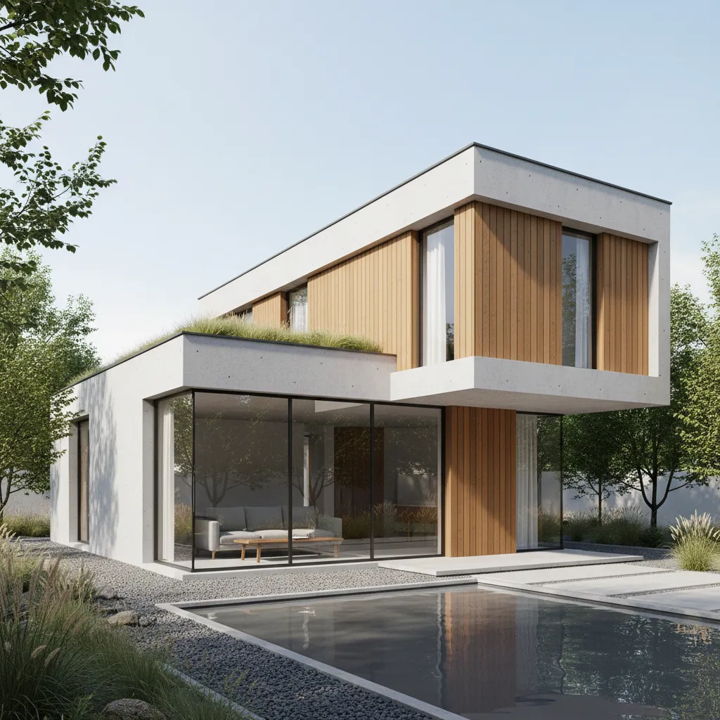 Render arquitectónico de casa pequeña moderna bien distribuida