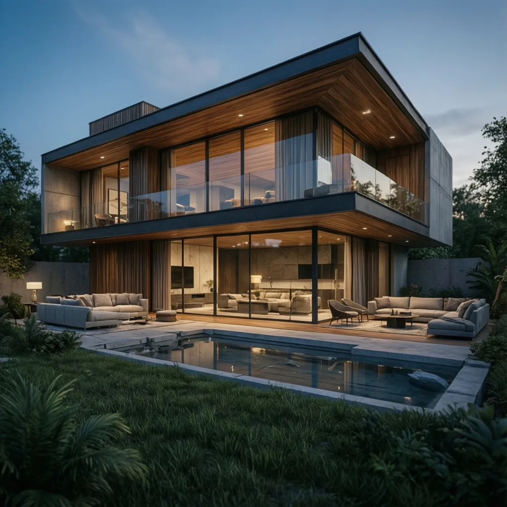 Luxury two story house with swimming pool outdoor sofas wood ceiling and large glass windows