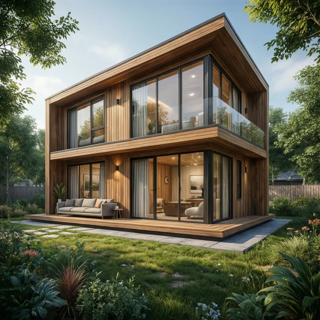 Render arquitectónico de casa prefabricada contemporánea de dos pisos