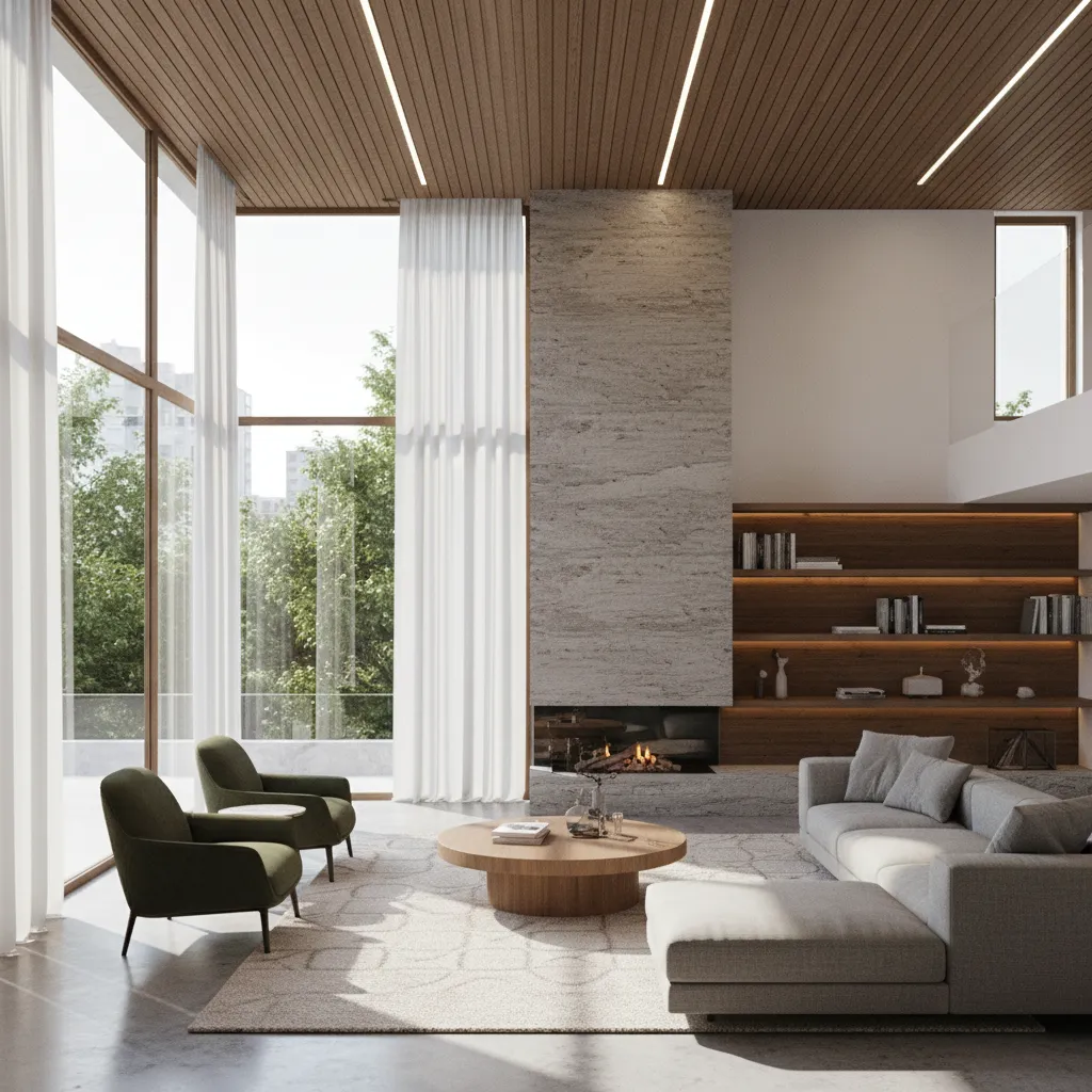 Render realista de salón diseñado en 3D