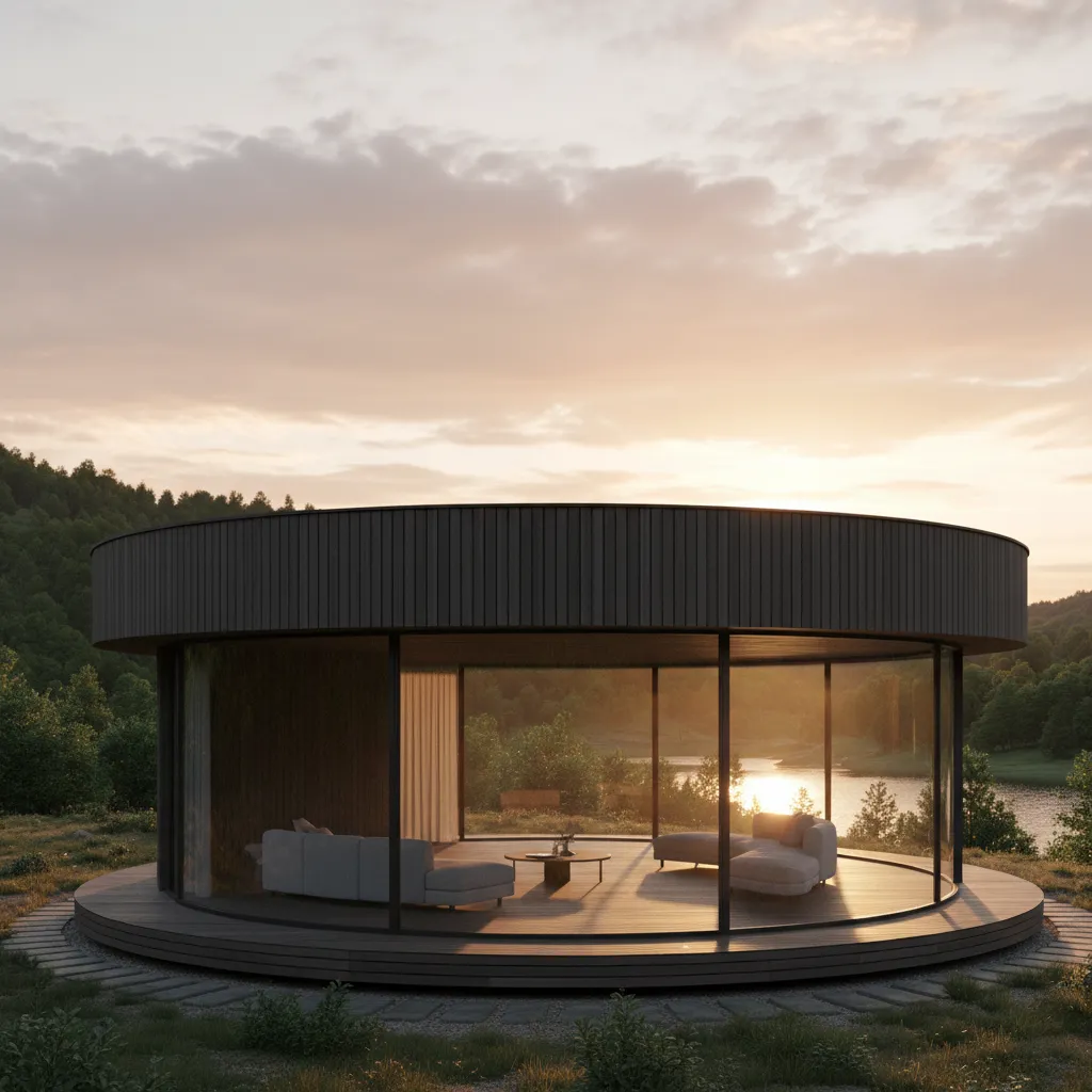 Render realista de una casa circular moderna de madera