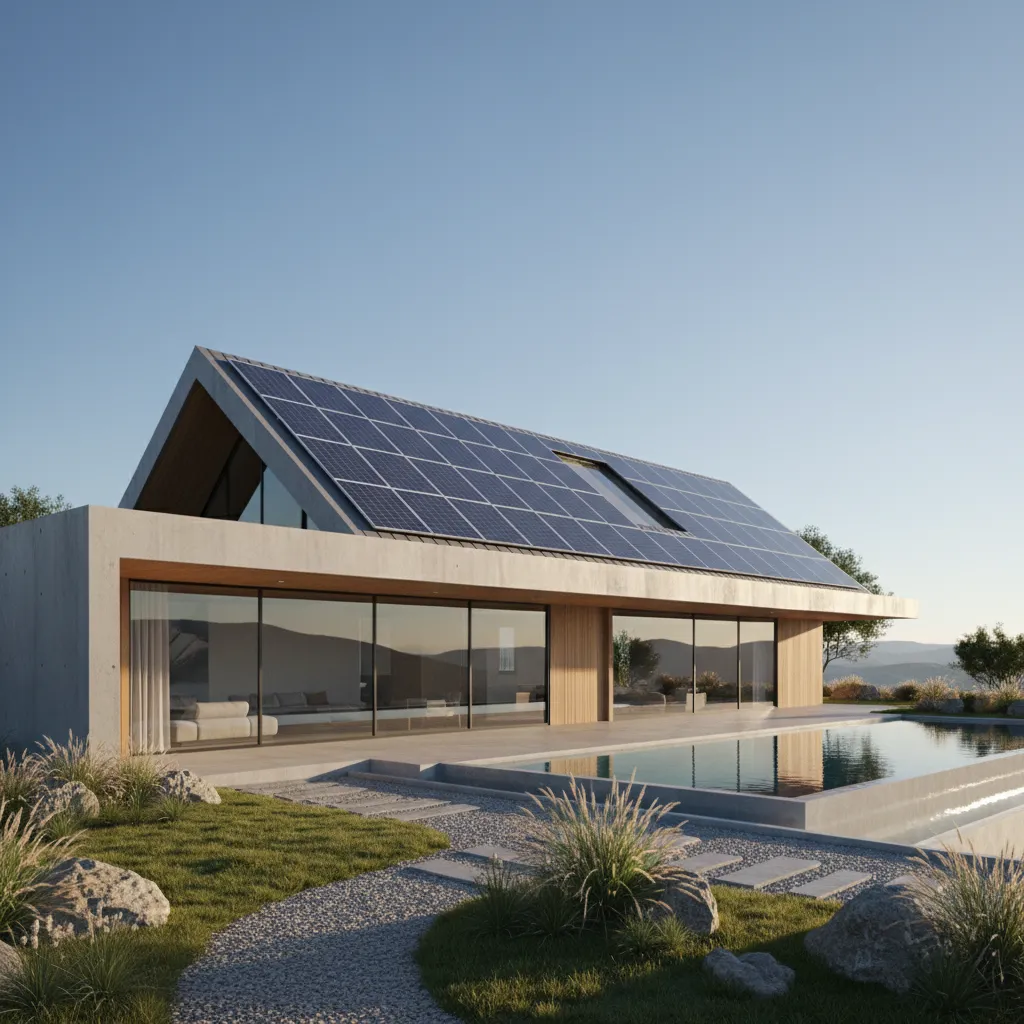 Render 3D de vivienda moderna con paneles solares en el tejado