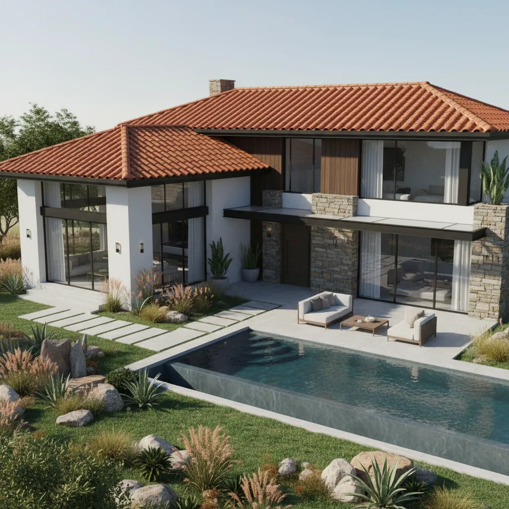 Render arquitectónico de casa moderna con tejado de tejas