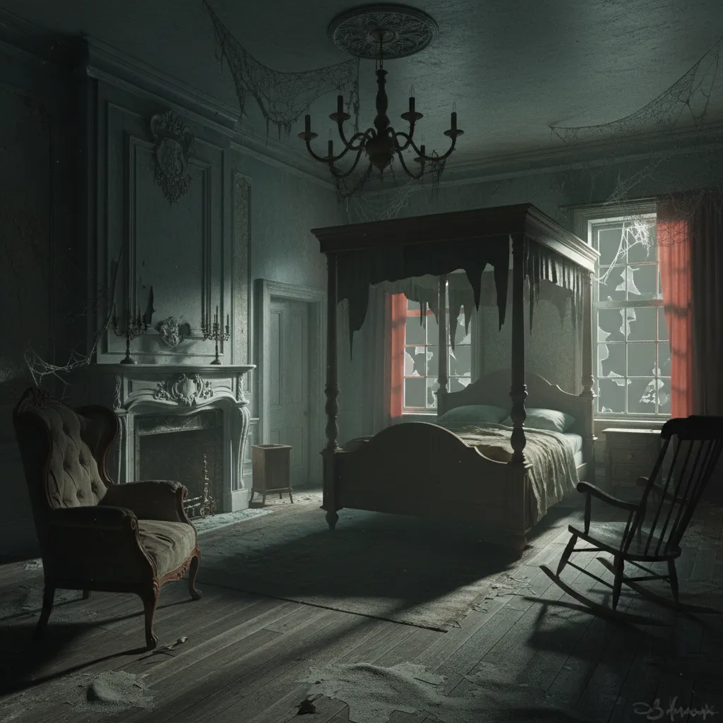 Visualización 3D de una habitación diseñada como casa del terror